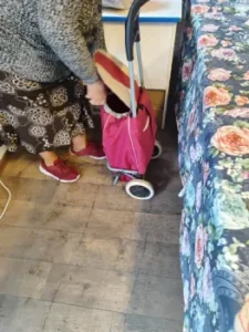 Kobieta pakuje dary żywnościowe do wózka.